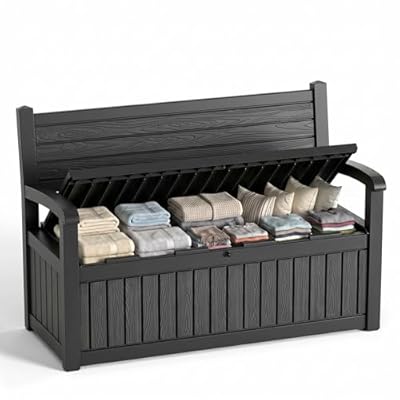 MAIUSCOLI 80 Gallon Outdoor Storage Bench Deck Box Waterproof Resin Lockable UV Resistant Benches Furniture Outside Porch Patio Pool Garden Tool Cushion Black