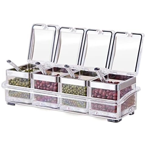 TENTA KITCHEN Airtight Gourmet Acrylic Seasoning Box - Premium Quality Pure Acrylic Container and Case- 18/8 Stainless Steel Ring - 4 Serving Spoons -Luxurious Condiment Cruet Bottle, Spice Jar Set Cover