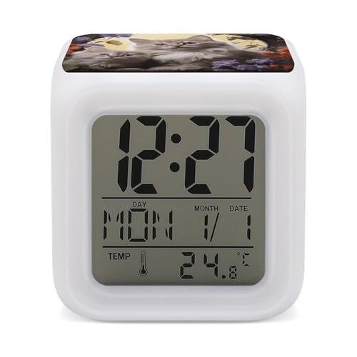 Reloj despertador digital de gato con luz LED y 7 colores intercambiables 2