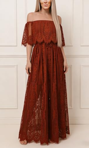 Image of HOYISHION Women's Off The Shoulder Floral Lace Maxi Dress White Bridesmaid Wedding Party Maternity Photoshoot Long Dresses