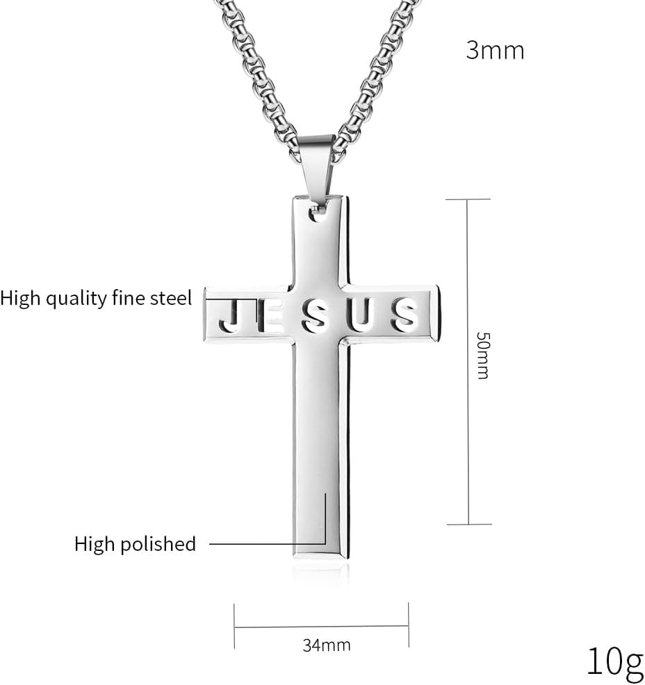 Cross Necklace for Men,Stainless Steel Black Silver Jesus Christ Crucifix Pendant Necklace Jewelry，60cm Rolo Chain - Image 3