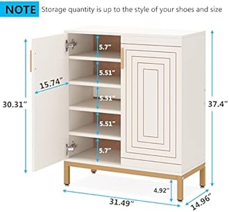 Tribesigns Shoe Cabinet with Doors, 20 Pairs Entryway Shoe Storage Cabinet with Shelves, 5-Tier Modern Free Standing Shoe Racks Storage Organizer for Closet, Living Room, Bedroom (White/Gold)