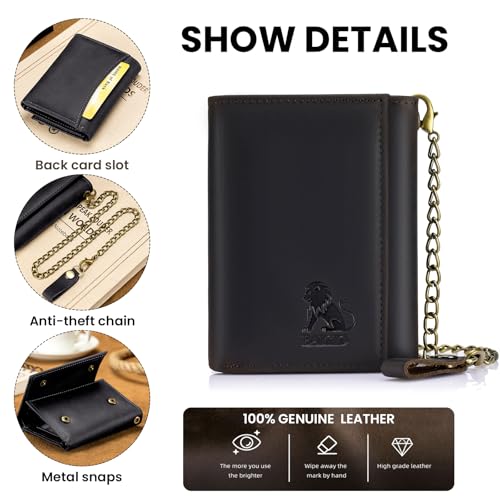 BAIGIO Men Wallet with Chain Genuine Leather Wallet for Men RFID Blocking Trifold Wallet Father's Gift4