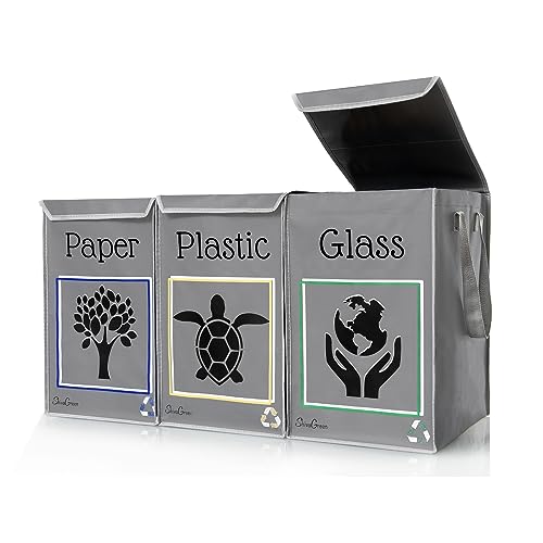 Shiva Green Poubelle Tri Sélectif – 3 Bacs avec Sac et Couvercle – Plastique, Verre, Papier