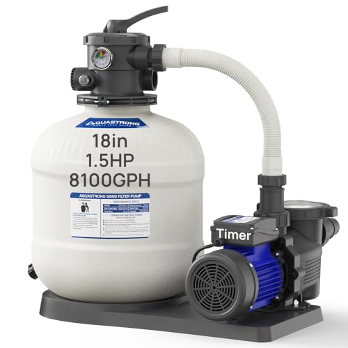 Image of AQUASTRONG 18in Sand Filter Pump with Timer, 1.5 HP, 8100 GPH Pool Pumps for Pools Up to 28000 GAL, Pool Filter With 6-Way Valve, Improved Circulation and Filtration