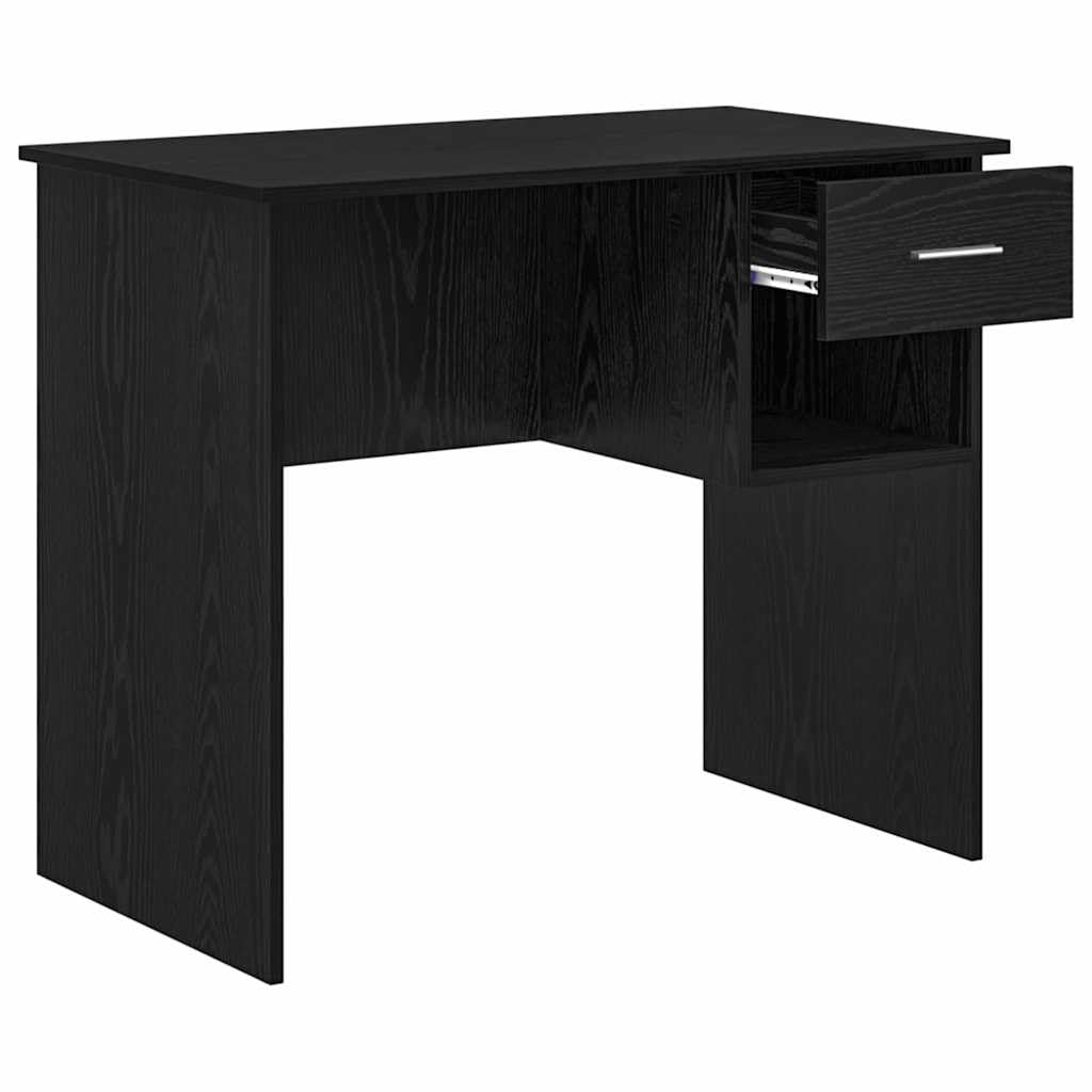 Scrivania nera effetto quercia in legno, 90 x 49 x 75 cm, con cassetto e mensola, scrivania per computer, postazione di lavoro per ufficio, casa, studio, spazio di archiviazione, ergonomica