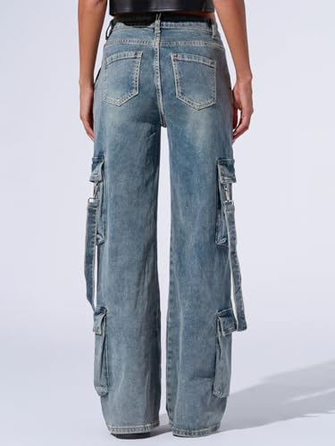 utcoco Women's Boyfriend Cargo Jeans Baggy Low Waist Wide Leg Denim Pants with Multi Pockets and Straps4