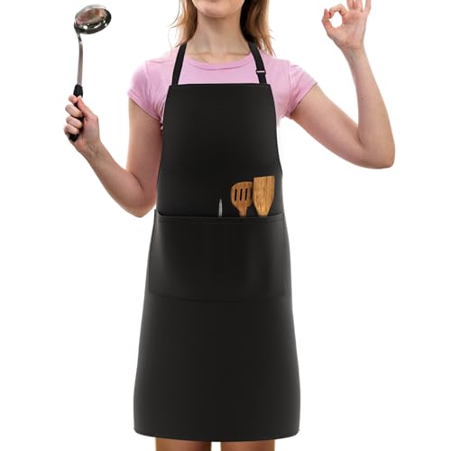 LEFUNDA® Kochschürze Wasserdicht Schürze mit 3 Taschen Verstellbare Grillschürze mit langen Bändern Küchenschürze für Männer Damen Küche Restaurant Café (1 x Schürze - Schwarz - Damen)