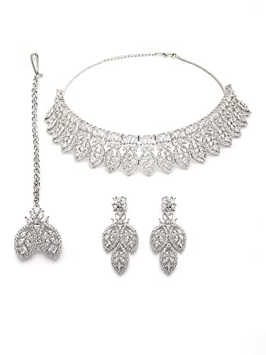 Karatcart Silver Tone Leaf Shape American Diamond Studded Necklace Set for Women - Image 5