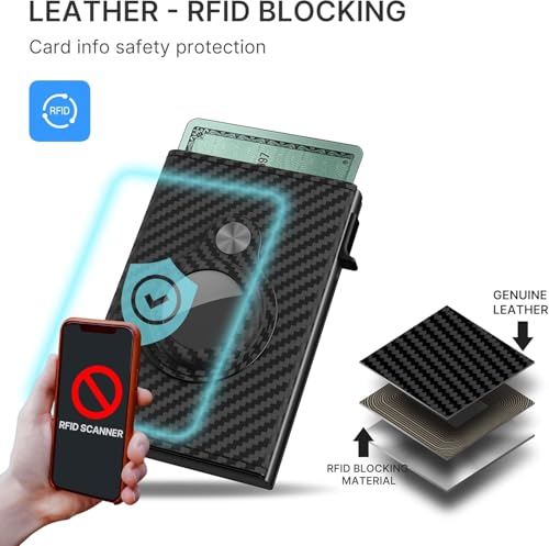 Image of Mens Pop Up Wallet for AirTag: Premium Genuine Leather, RFID Blocking, Smart, Minimalist, 9-14 Card Capacity, ID Window, Cash Slot (Carbon Black)
