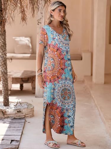 Image of BELAROI Plus Size Maxi Dress for Women Summer Casual V Neck Short Sleeve Long Dress with Pockets Beach Vacation Cover Up