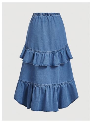 SOLY HUX Women's Plus Size Ruffle Jean Skirt Y2k Bow Layered Asymmetrical Midi Denim Skirts2