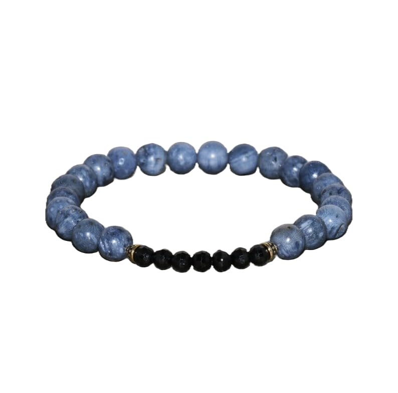 Natural Blue Coral and Black Tourmaline Gemstone round 6-4mm smooth faceted 7inch Beads Stretchble bracelet crystal healing energy stone bracelet for Women & Men Adjustable Size