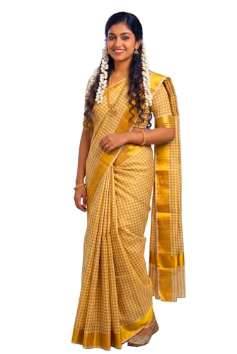 Image of Kerala Traditional Tissue Saree for Women with Running Blouse | South Indian Ethnic Saree for Weddings Onam Vishu Temple Wear & Festivals