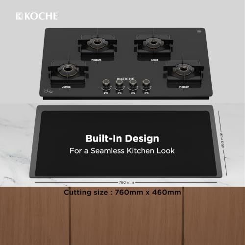 Image of KOCHE BETTY 4 Burner Built-In Gas Hob 80cm Auto Ignition | Hob /Cooktop Hybrid | High Power Brass Burners Gas Stove | Cast Iron Pan Support | Metal Knobs | Black Toughened Glass | 5 Years Warranty