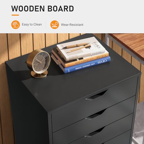 Image of DEVAISE 5 Drawer File Cabinet, Wood Under Desk Drawers Chest Rolling Vertical Filing Cabinet Storage Furniture for Office Home Black