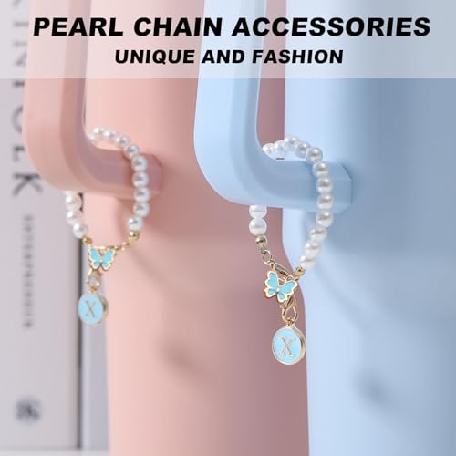 Image of Accessories for Stanley Cup Pearl Chain Initial Accessoriess for Handle Stuff Decor Water Bottle Jewelry Tumbler Cute Simple Modern Personalized Name ID Decorations Letter Blue Tag X