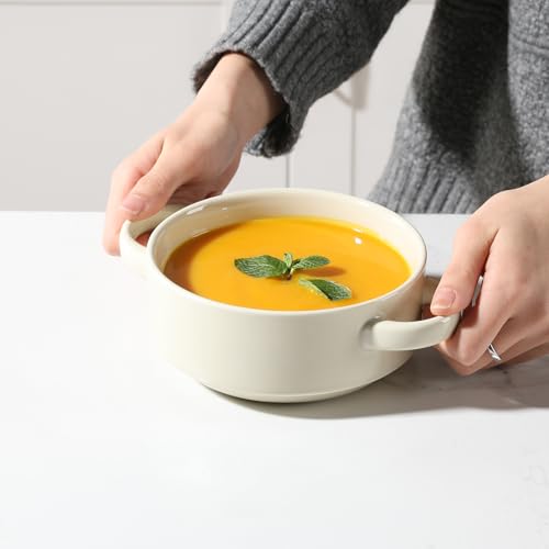 Image of Sweejar Ceramic Soup Bowls with Double Handles, 20 Oz Stacked Bowls for French Onion Soup, Cereal, Pot Pies, Stew, Chill, Pasta, Set of 4(Beige)