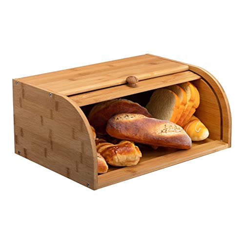 Panera de madera de bambú, cesta para el pan grande con tapa deslizante, para la cocina, para guardar el pan vintage, 40 x 28 x 17 cm