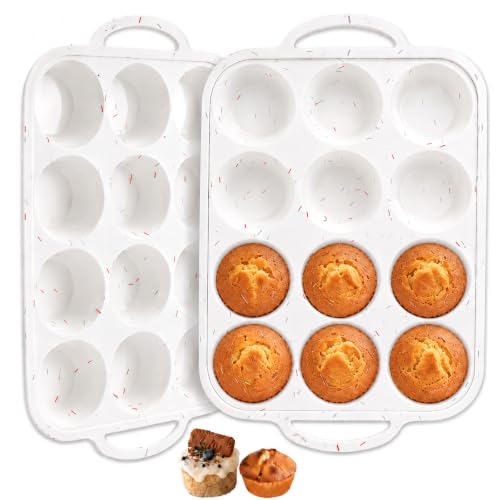 Redfly Silicone Muffin Pans for Baking 12 Cup with Metal Reinforced Frame Nonstick 2Pack Regular Size Cupcake Pan BPA Free Food Grade Easy Release Dishwasher Oven Freezer Safe for Egg Bite Molds