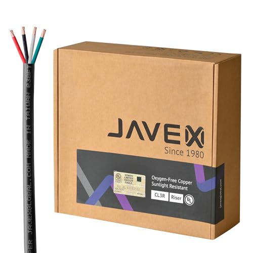 JAVEX 16/4 UL13 CL3R/CL2R Rated Speaker Wire (500FT), 16-Gauge AWG 4 Conductor Riser/in-Wall & Outdoor/In-Ground [Oxygen-Free Copper 99.9%], Black
