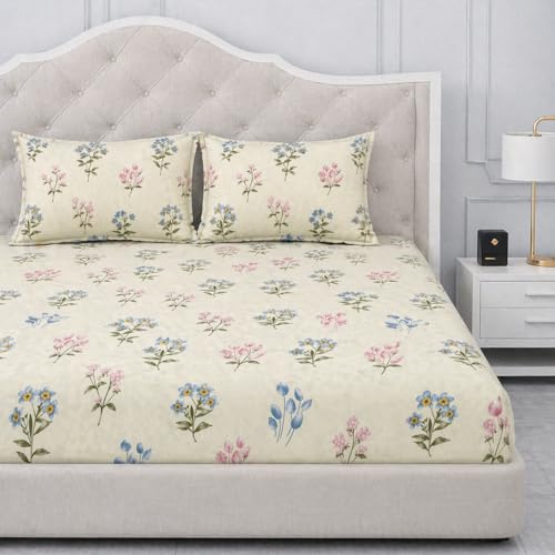 Image of 300 TC Cotton Feel Glace Cotton Elastic Fitted Bedsheet for King Size Double Bed | Fits up to 8 Inch Mattress | Printed Bedsheet with 2 Pillow Covers (Cream Leaf, King Size - 72 inchx78 inch)