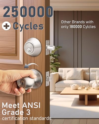 Brotima 2 Pack Keyed Entry Door Knob and Single Cylinder Deadbolt Combination Set in Satin Nickel, Keyed Alike Exterior Knob Door Handle and Deadbolt Lock and Key, Round Locking Lever Handle Set