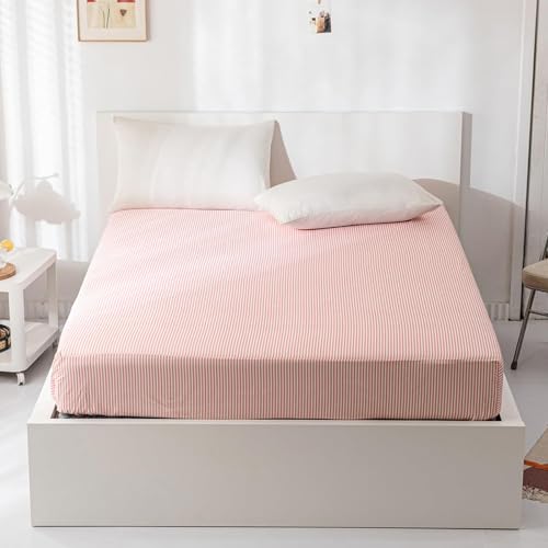 HighBuy Cooling Fitted Sheet Queen - Soft 100% Cotton Sateen Pink Stripe Deep Pocket - Durable All-Around Elastic fits 15 inch Mattress - Queen Fitted Sheet for Teen College Dorm