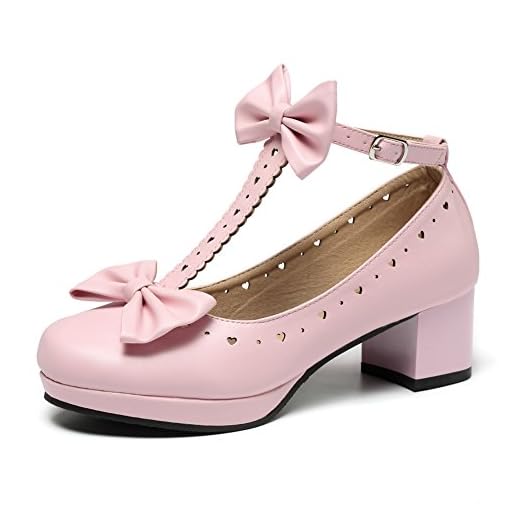 getmorebeauty Women's Lolita Shoes Vintage Sweet T-Straps Bows Mary Janes Shoes (US 9, Pink)