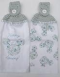 HAPPY SPRING MINNIE FLORAL HEAD, 2 DIFFERENT MATCHING HANDMADE CROCHET TOP HANGING KITCHEN TOWELS