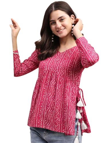 Image of MAHIRA'S Women's Short Kurti, Black Rayon Tunic Top with Embroidered Sleeves, 3 /4 Designer Sleeves