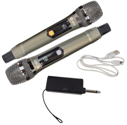 QTX | J-MIC UHF Dual Wireless Microphone Set with Rechargeable Receiver, Two Handheld Transmitters, USB Charging, and Dynamic Cardioid Capsules. Presentations, Conferences, or Performances