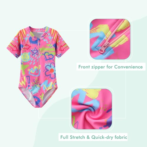 Image of Girls One Piece Swimsuits Short Sleeve Rash Guard for Girl Hawaiian Bathing Suit with Sun Protection Beachwear