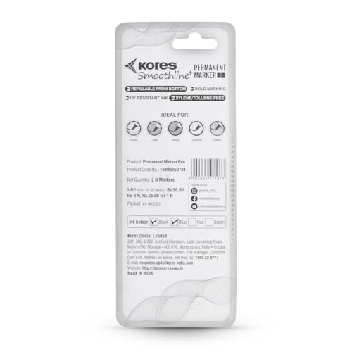 Image of Kores Smoothline+ Permanent Marker Pen, Black & Blue | Pack of 2 | Bold, Fade-Resistant & Quick-Dry Ink | Long-Lasting, Non-Toxic, Smooth Writing for Office, School & Home