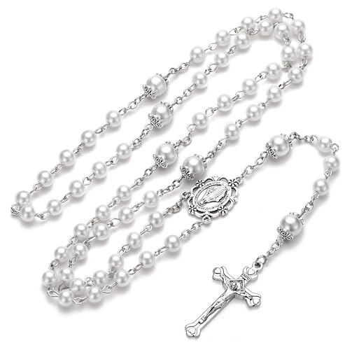 Rosary for Women with Case and 18pcs Prayer Cards, First Communion Gifts for Girls, Glass Pearl Beads and Virgin Mary Medal, Catholic Gifts3