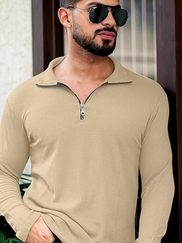 Image of KAJARU Men's Polyester Blend T Shirt with Spread Collar Neck Line Zipper Closure Full Sleeves Solid Pattern Regular Fit and Standard Length
