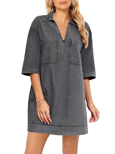 Fisoew Womens Denim Shirt Dress Summer Collared V Neck Mini
