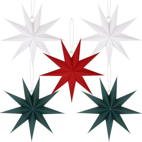 Image of 5 PCS Red Green White Paper Star Lanterns Hanging Stars Christmas Party Decorations Hanging Lampshade Wedding Birthday Home Party Decorations (12 Inch)
