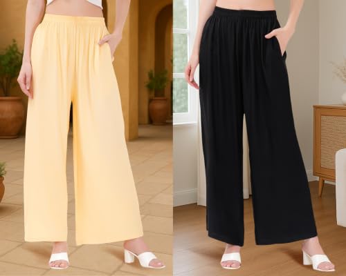 Image of Buy That Trendz Palazzo Pants for Women Rayon Elasticated Regular Fit Flared Wide Leg M to 6XL Pack of 2