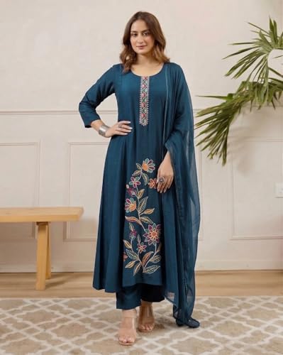 Image of ANNI Designer Kurta Sets for Women Viscose Embroidered | Kurti Set for Woman | Kurta Pant Dupatta Set | A Line Kurti | Round Neck 3 /4 Sleeve Suit Set for Women Stylish Ethnic Outfit Clothing
