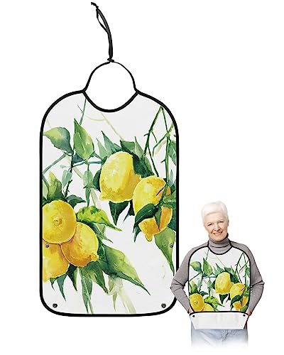 Summer Lemon Adult Bibs for Eating, Waterproof Bibs with Food Catcher & Adjustable Snap Closure, Green Leaves Watercolor Oil Paiting Washable Clothing Protectors Adult Bibs for Elderly Women/Men