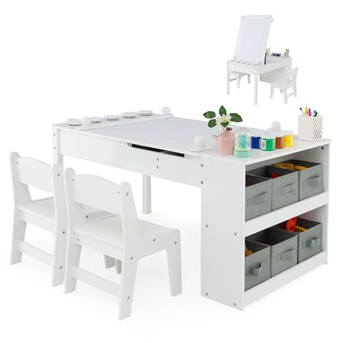 GOPLUS Table Enfant avec Chaises d'Activités, Plateau Relevable, 6 Bacs de Rangement, 5 Pots à Peinture, 1 Rouleau de Papier, pour Dessiner, Bureau Enfant 3+ Ans, Blanc