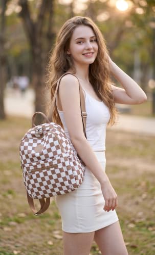 Image of Tanweibago Mini Nylon Women Backpacks,11L Small Ladies backpacks Casual Lightweight Women Shopping Travel Daypack (Checkered Brown)