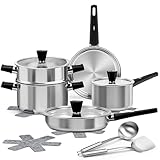 【Complete 14-Piece Cookware Collection】 Elevate your kitchen with this comprehensive set, including a 2.2qt Saucepan (with lid), 3.8qt Stockpot with Steamer Insert (with lid), 8-inch & 9.5-inch Frying Pans (9.5-inch with lid), 4 Pot Protectors, and 2...