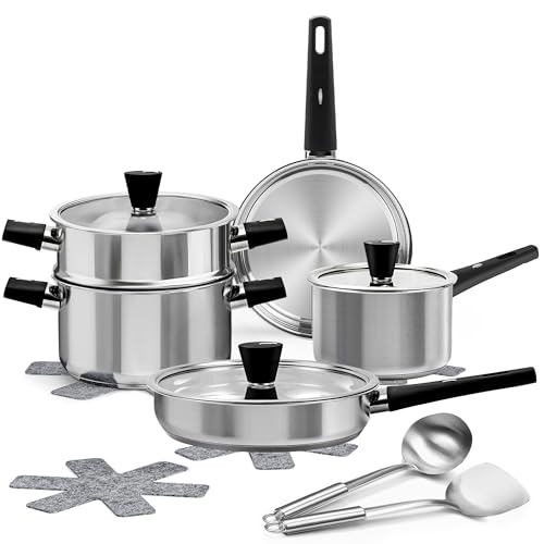 Image of Meythway 14-Piece Stainless Steel Cookware Set for Induction Stovetops – Non-Toxic Pots & Pans with Stay-Cool Handles, Glass Lids, Steamer, Pot Mats & Utensils – Dishwasher Safe Kitchen Cookware