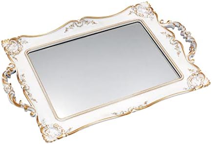 Tstarer Antique Decorative Gold Framed Square Mirror Tray, Jewelry & Cosmetics Organizer for Dresser, Square - 9.5" W x 14.5" L (White)