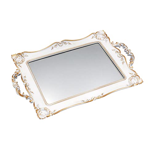 Tstarer Plateau miroir carré décoratif antique avec cadre doré, organiseur de bijoux et cosmétiques pour commode, carré, 24,1 x 36,8 cm (l x L) (blanc)