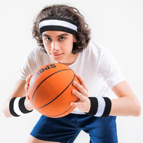 Image of Eurzom 36 Pcs Neon Sports Sweatbands Set Include 12 Striped Sweat Absorbing Headbands 24 Wristbands Athletic for Men Women Basketball Tennis Running Glow Party