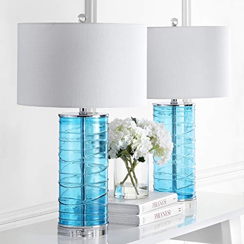 Eyely EYL4016A-SET2 Aria 27.5" Modern Fused Glass Cylinder LED Table Lamp for Reading Room, Living Room, Office, Bedroom, Transitional, Coastal, Glam, Turquoise (Set of 2) - Image 4