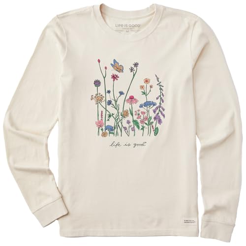Life is Good. Women's Realaxed Wildflowers Long Sleeve Crusher Tee, Putty White
